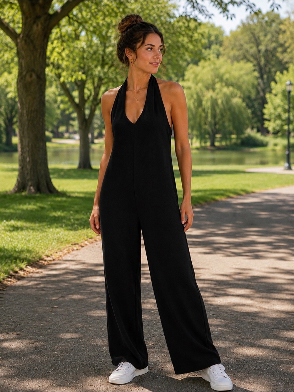 Bella Canvas Black Terry Halter Wide-Leg Jumpsuit - Picture 2 of 8
